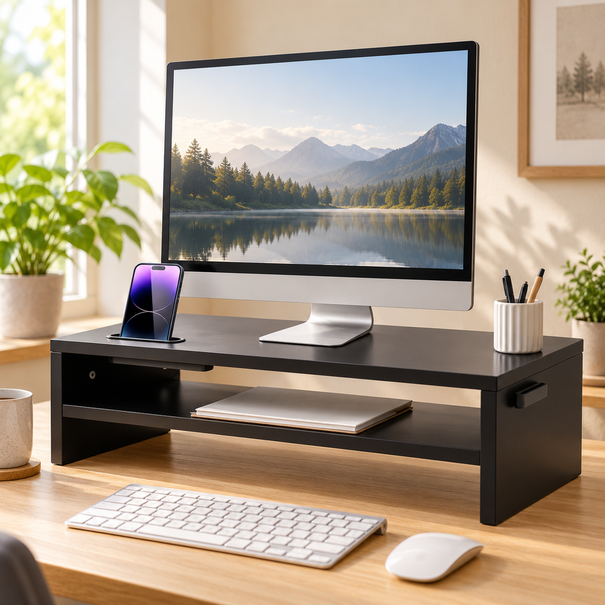 Majorelle Nivo Slide Monitor Stand — workspace view; accessories not included