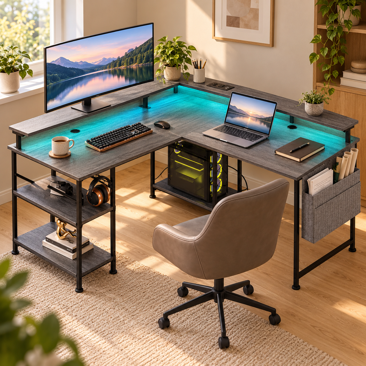 Majorelle Corda Glow Desk — 140 × 140 / 220 × 60 cm — workspace view; accessories not included