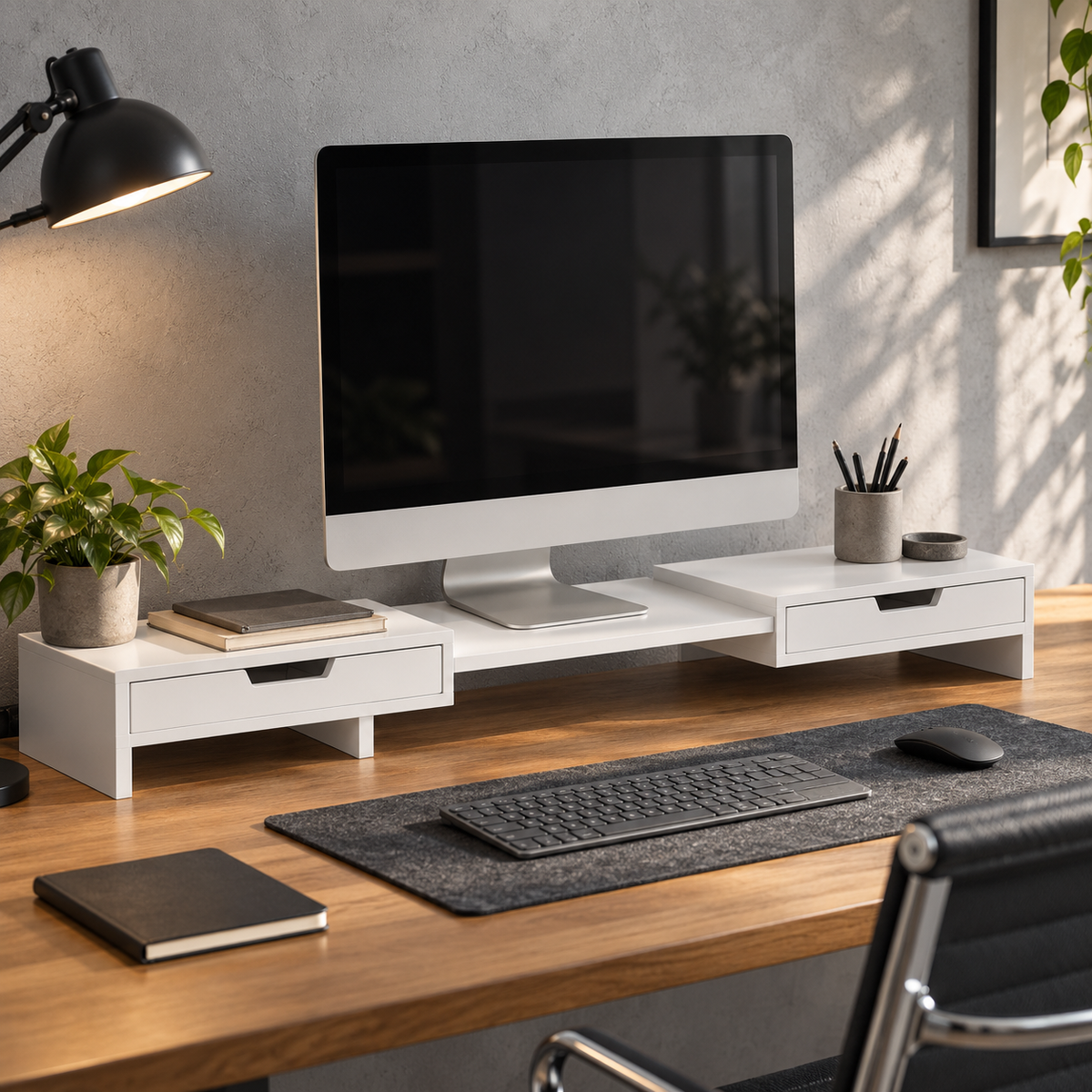 Majorelle Linea Flex monitor stand on a desk; styling accessories not included