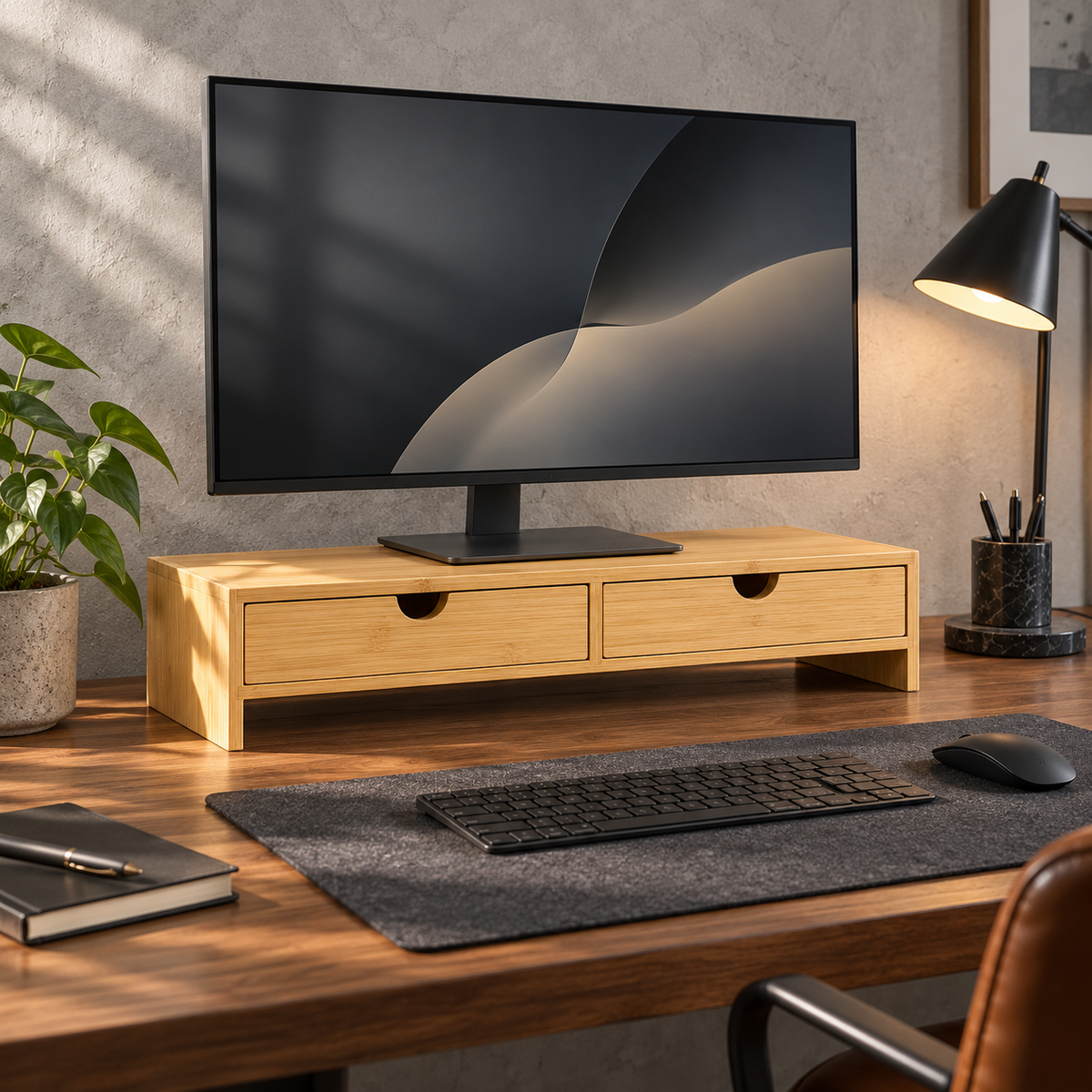 Majorelle Sora monitor stand on a desk; styling accessories not included