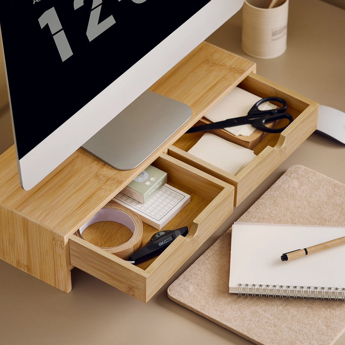 Majorelle Sora Monitor Stand — 47 cm — open drawers; stationery not included