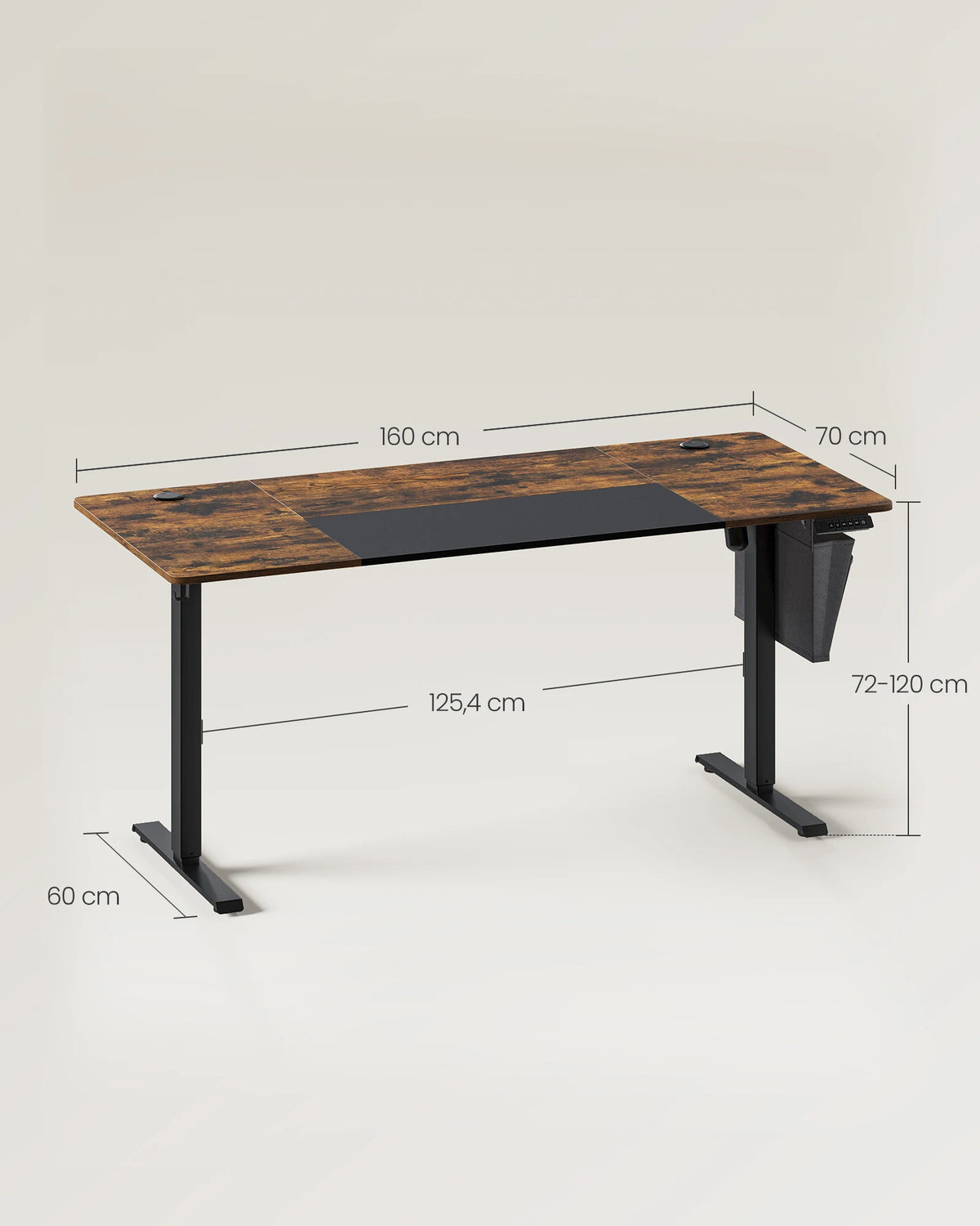 Majorelle Aeris Max — Bureau assis-debout — 160 × 70 cm — schéma des dimensions