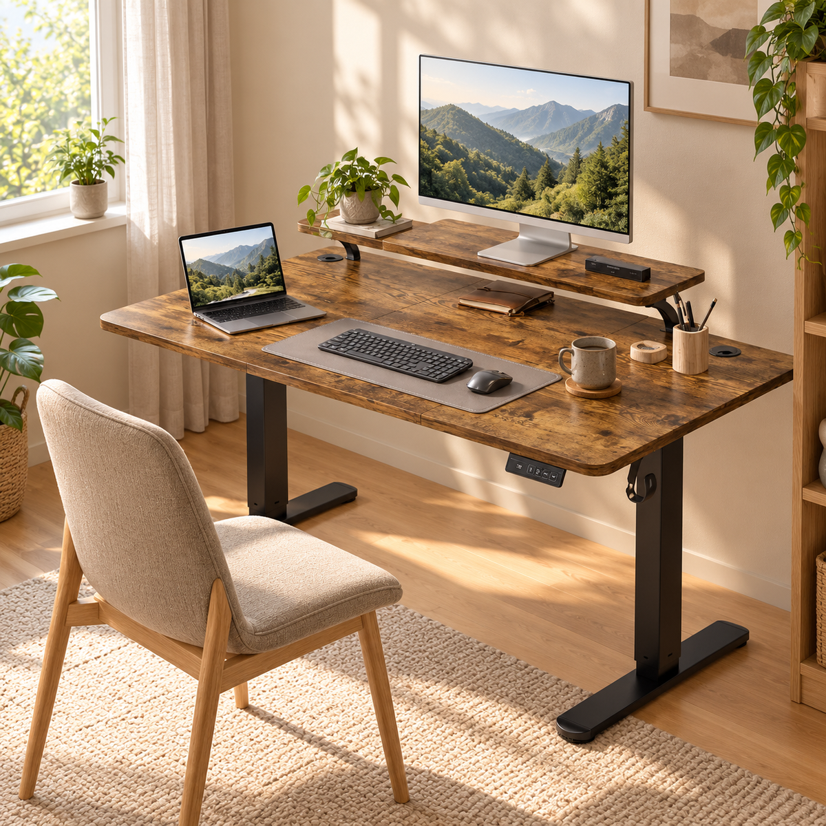 Majorelle Vela Studio Standing Desk — 120 × 60 cm — Brown — workspace view; accessories not included