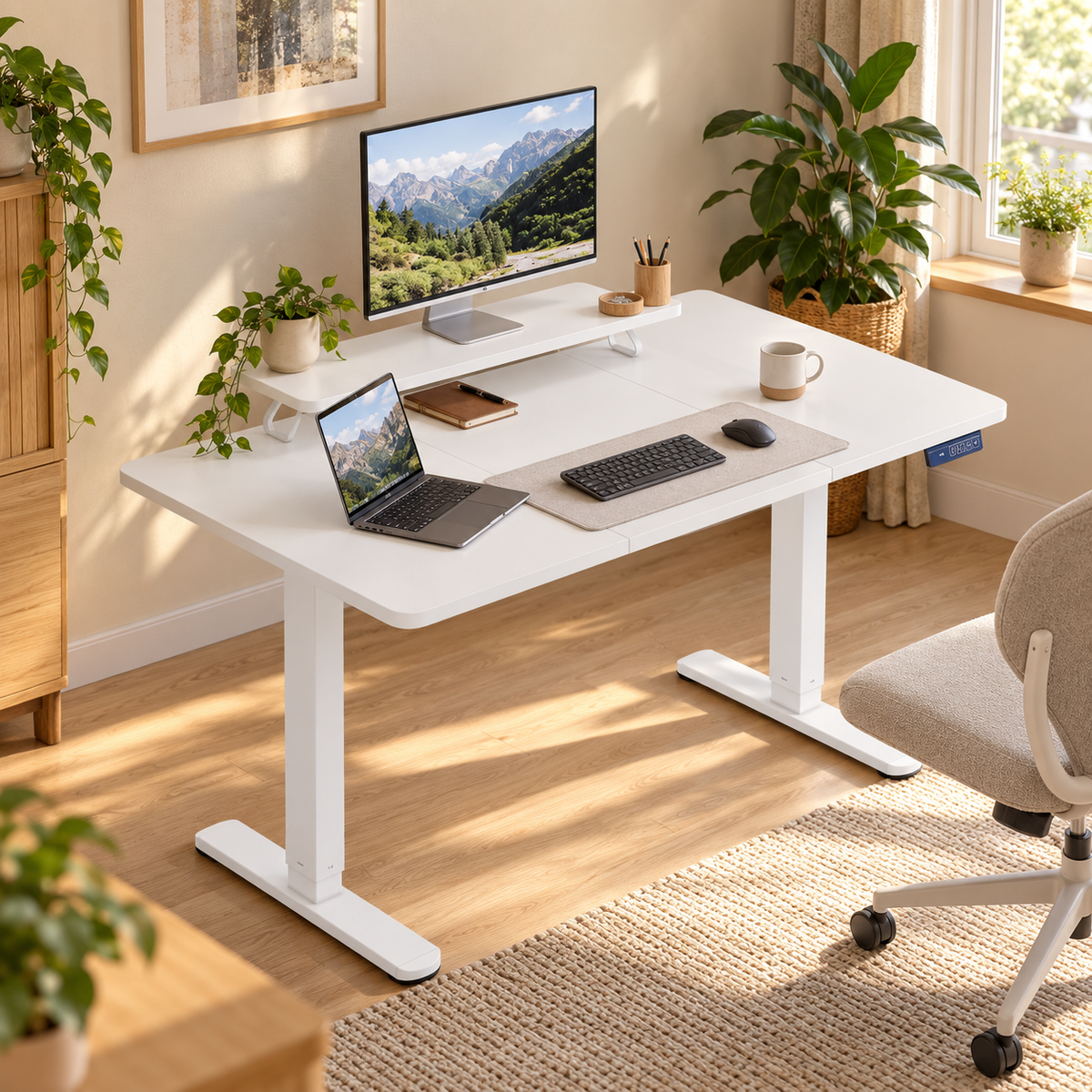 Majorelle Vela Studio — Bureau assis-debout — 120 × 60 cm — Blanc — dans un espace de travail ; accessoires non inclus