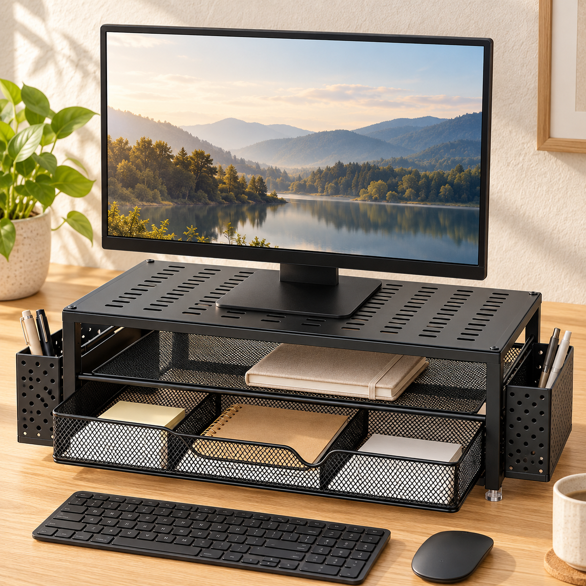Majorelle Meshra Desk Organizer — workspace view; styling accessories not included