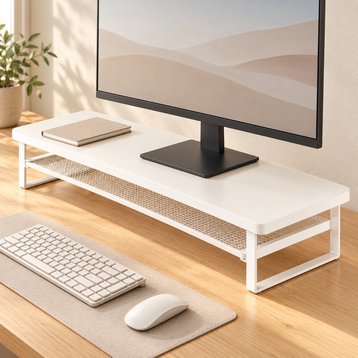 Majorelle Ledge Studio Monitor Stand — 70 cm — workspace view; styling accessories not included