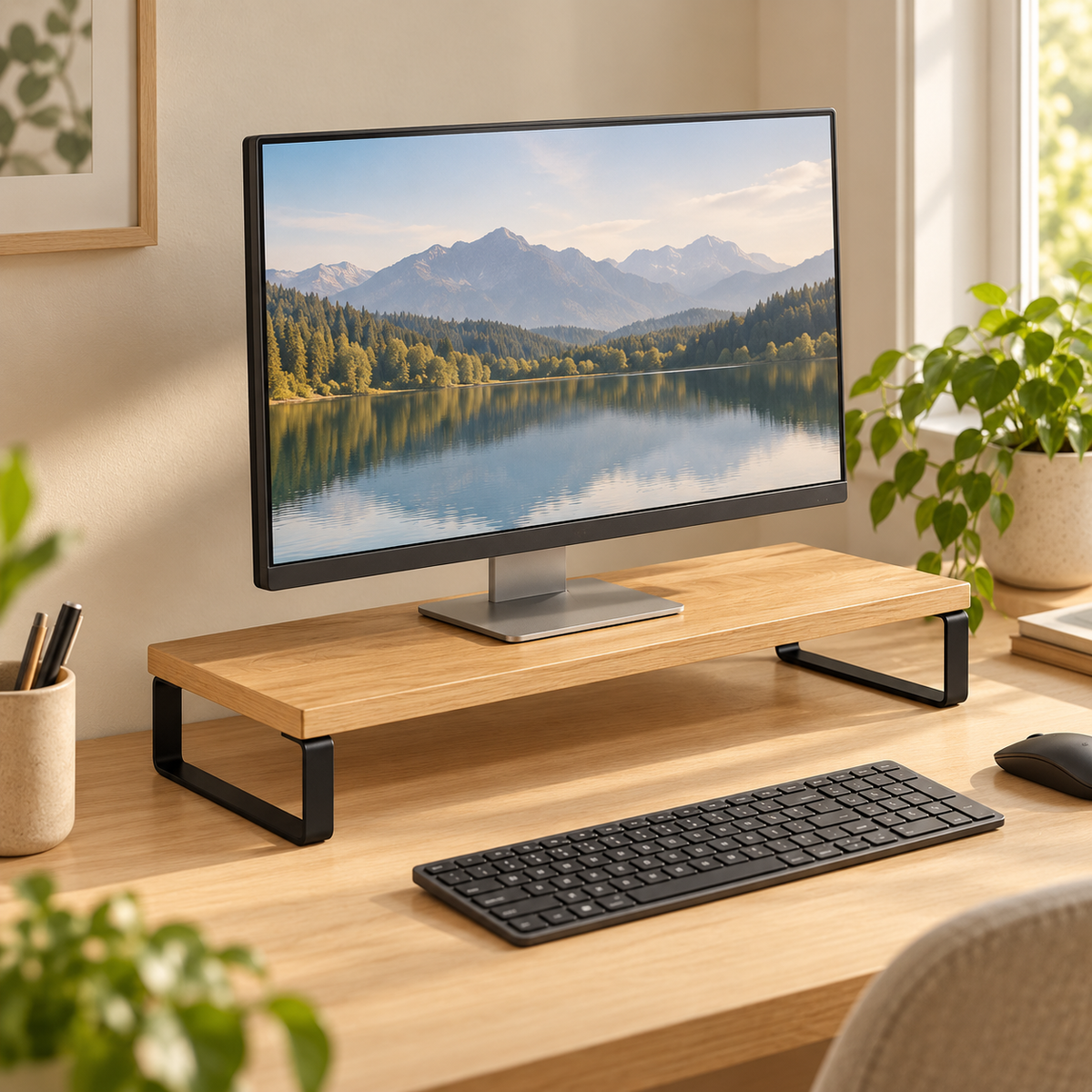 Majorelle Ledge Monitor Stand — 60 cm — workspace view; accessories not included