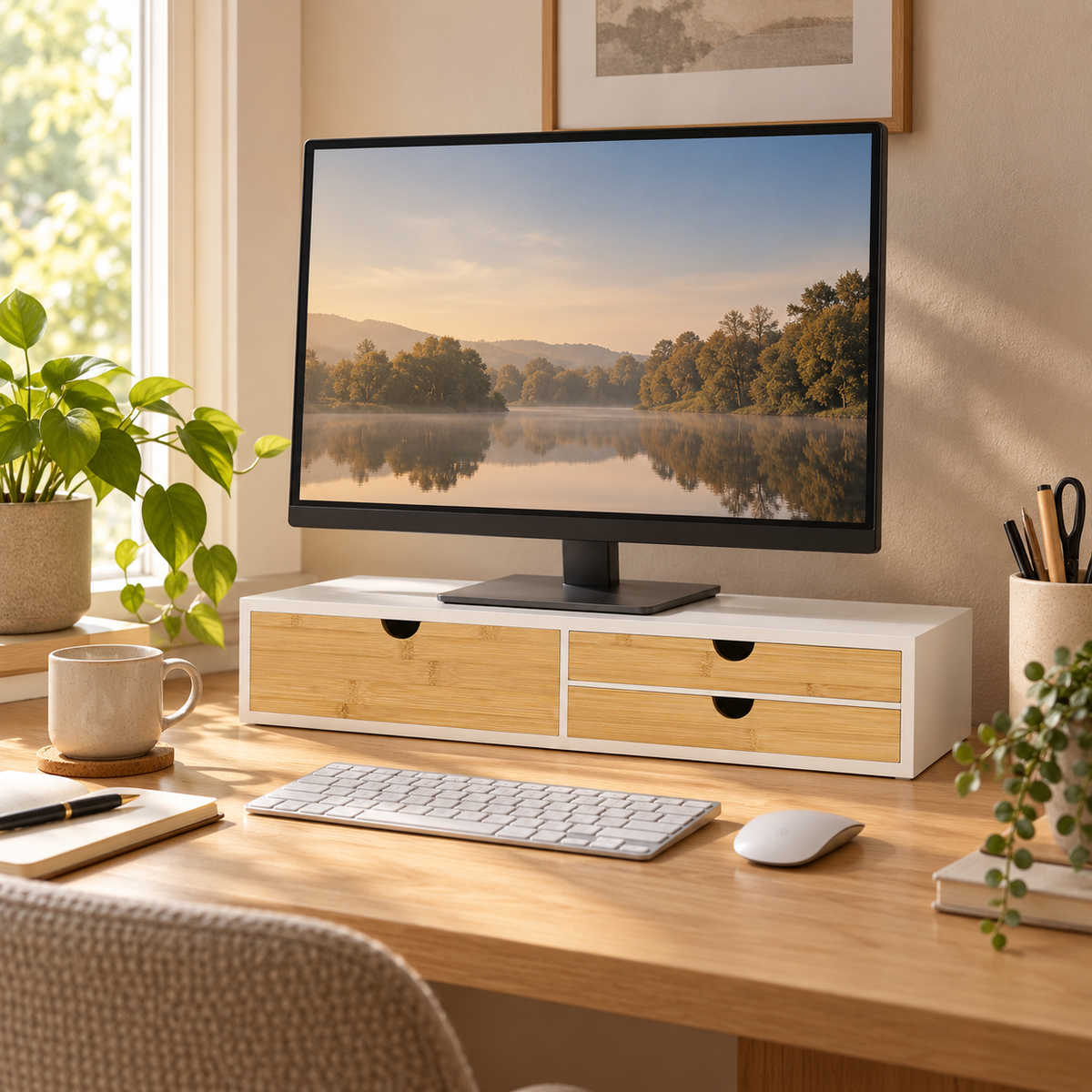 Majorelle Sora Pro Monitor Stand — 60 cm — workspace view; accessories not included